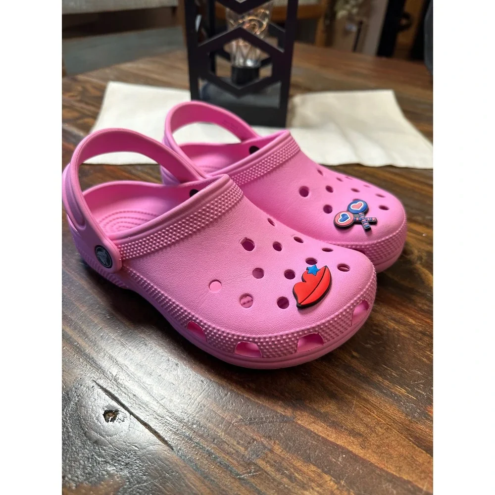 Crocs Kids Classic Clog Pink Slip On Shoes with Charms Size J2 Youth